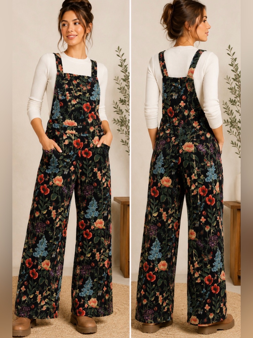 Cider Floral Corduroy Wide Leg Overalls Jumpsuit Women L Black Cottagecore